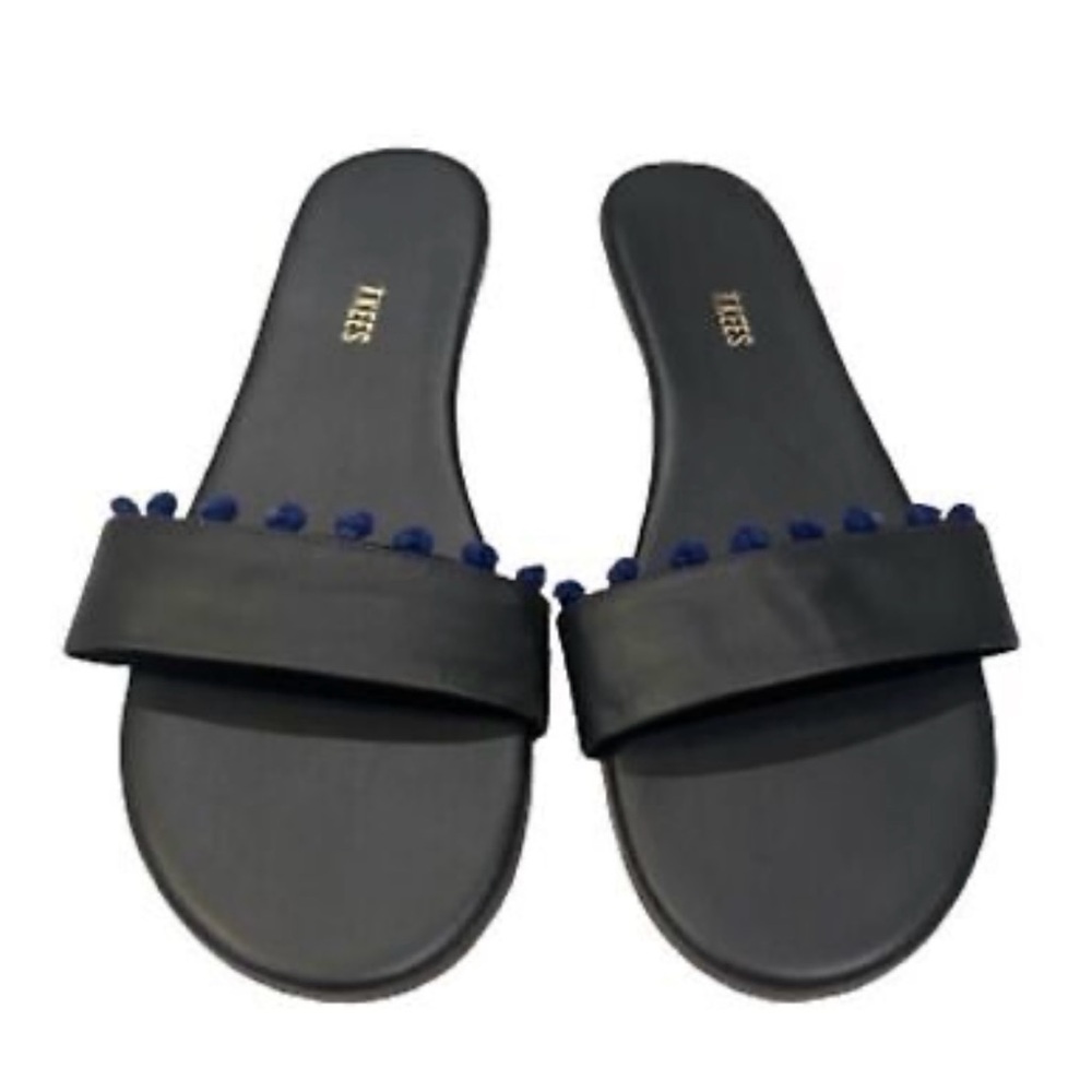 TKEES Black Slide Sandals with Pompom Strap